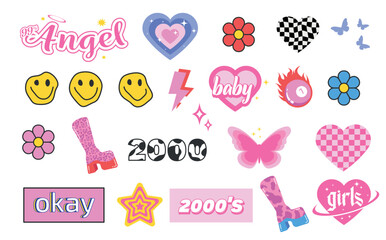 Collection of Cool Cute Stickers Vector Design. Trendy Girly Patches Collection. Smile Emotions.