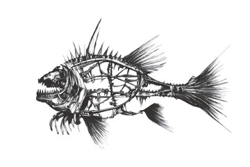 Fish skeleton. Fantastic Sea monster. Doodle sketch. Vector illustration. Isolated on white background.