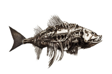 Fantastic fish skeleton. Sea monster. Halftone Vector illustration. Isolated on white background.