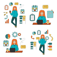 Doodle working business woman vector clipart concept