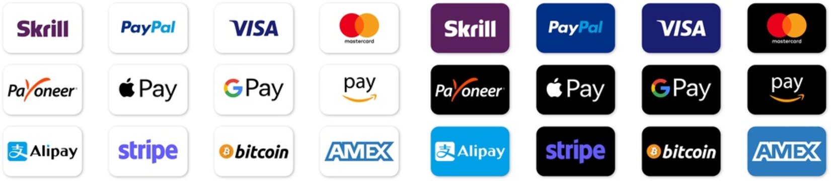 Big set of buttons for online payments, company logos: Visa, Mastercard, Paypal, American Express, Bitcoin, Amazon Pay, Apple Pay, Google. Set of buttons for payment systems on a transparent backgroun