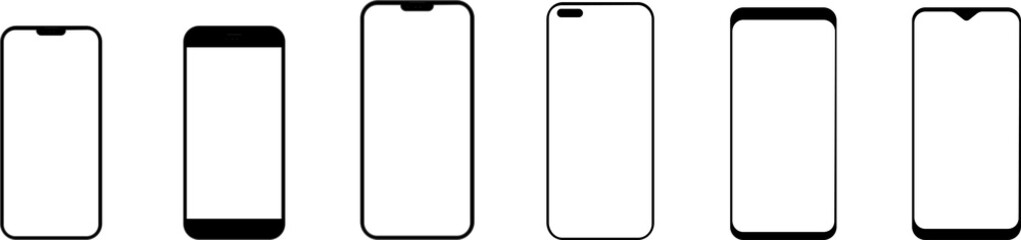 Set of modern phones with blank screen on transparent background. Phone mockup in front. Mobile phone, app, ui, ux. PNG image