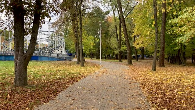The falling leaves in the entertainment park with roller coaster without people in sunny autumn day