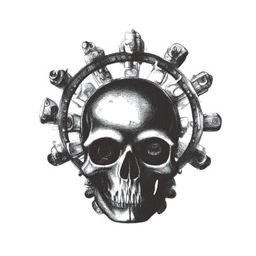 Steampunk skull. Doodle sketch. Vector illustration. Isolated on white background.