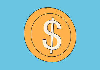 Cartoon-style drawn dollar coin on blue background.