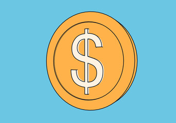 Painted gold-colored dollar coin in cartoon style on blue background.