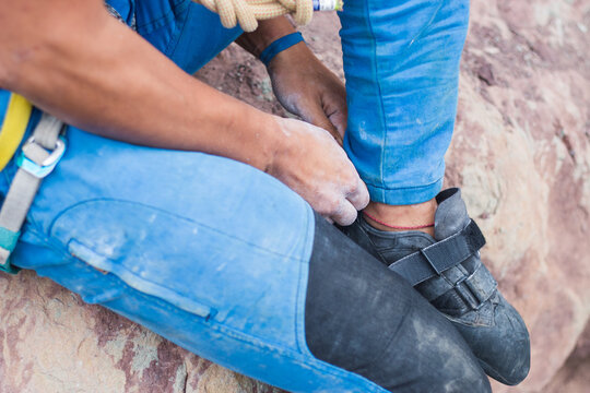 Putting on a climbing shoe