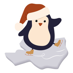 Penguin on skates and in a santa hat on an ice floe. Winter clipart.