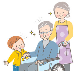 車椅子の祖父をお見舞いに来た笑顔の男の子
