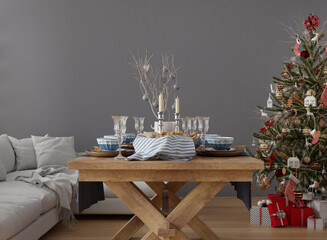 New year tree in scandinavian style interior with christmas decoration. 3D Render