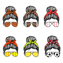 Sports mom messy bun. Women with aviator glasses and bandana. Vector illustration. Isolated on white background. Good for posters, t shirts, postcards.