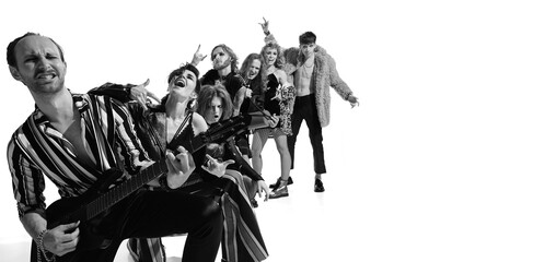 Fototapeta na wymiar Group of stylish expressive people, man and woman, rock music performers posing over white background. Generation of 50s