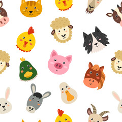 Cute farm animals seamless pattern. Background in cartoon style with funny characters. Pig, cow, sheep and others. Vector illustration