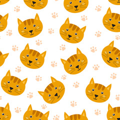 Cute cat faces seamless pattern. Background in cartoon style with funny feline character. Vector illustration