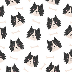 Cute dog faces seamless pattern. Background in cartoon style with funny Collie character. Vector illustration