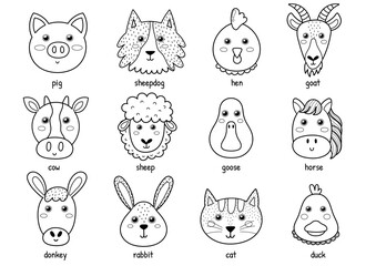 Cute black and white farm animal faces collection. Funny set and coloring page with heads of farm characters. Pig, hen, goat, cow, sheep and others. Vector illustration
