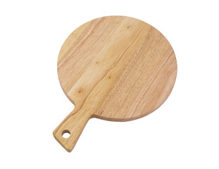 Round natural wooden cutting board isolated on white