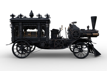 Fototapeta premium Side view 3D rendering of a Steampunk Halloween concept steam powered hearse isolated on a transparent background.
