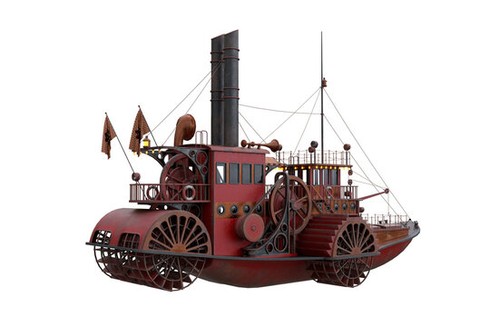 Rear view 3D rendering of a Steampunk styled paddle steamer boat isolated on a transparent background.