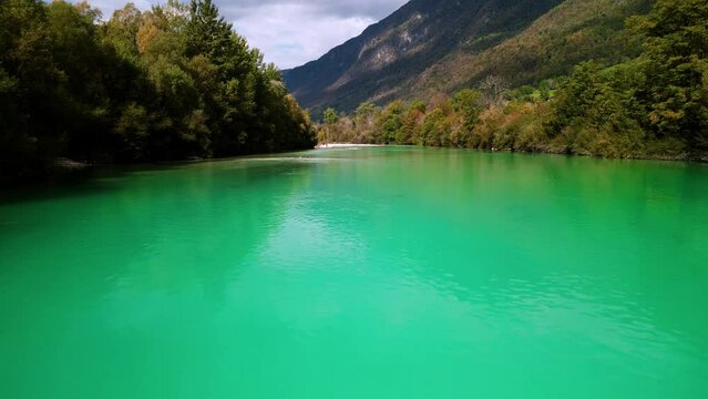 Aerial view of Mesmerizing turquoise colored river Soca