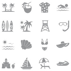 Beach Vacation Icons. Gray Flat Design. Vector Illustration.