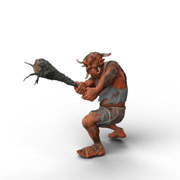 3D rendering of a fantasy Troll holding a large wooden club in both hands isolated on a transparent background.