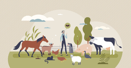 Obraz na płótnie Canvas Farm animals grow for domestic milk, eggs or meat supply tiny person concept. Farming industry with cow, pig, livestock, chickens and sheep cultivation vector illustration. Idyllic countryside scene.