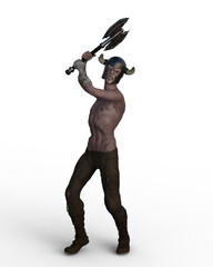 3D rendering of a zombie viking warrior with horned helmet holding a shield and swinging an axe isolated on a transparent background.
