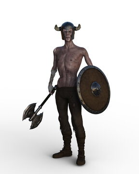 3D rendering of a zombie viking warrior standing with horned helmet holding a shield and axe isolated on a transparent background.