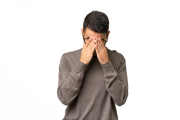 Young handsome caucasian man over isolated background with tired and sick expression