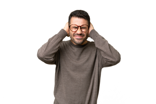 Young handsome caucasian man over isolated background frustrated and covering ears - Powered by Adobe