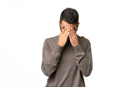 Young handsome caucasian man over isolated background with tired and sick expression