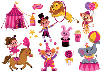Fun pink circus vector illustration set for kids.