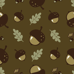 Cute hand-drawn acorns and oak leaves on a dark green background, an autumn seamless pattern