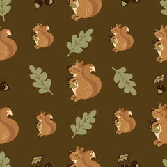 A cute seamless autumn pattern with a red squirrel holding an acorn and oak leaves, a seasonal fall background for kids