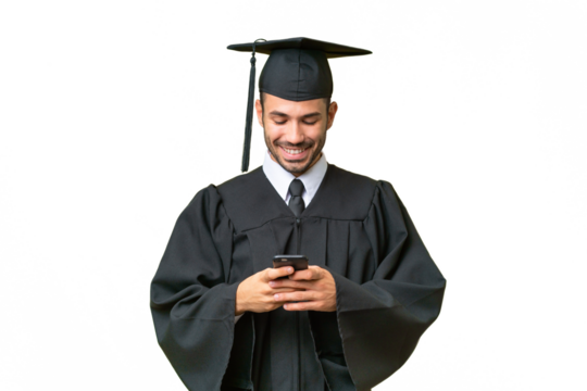 Young university graduate man over isolated background sending a message with the mobile
