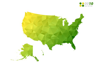 Vector United States of America (USA) map green and yellow polygon triangle mosaic with white background. style gradient.