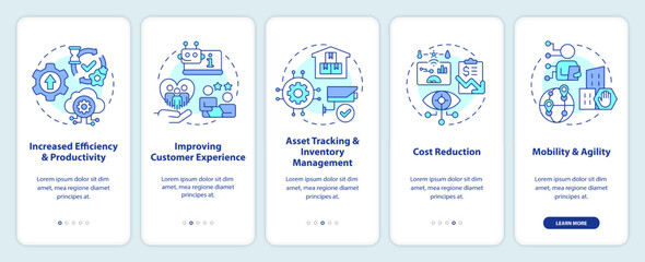 IoT business benefits onboarding mobile app screen. Digital transform walkthrough 5 steps editable graphic instructions with linear concepts. UI, UX, GUI template. Myriad Pro-Bold, Regular fonts used