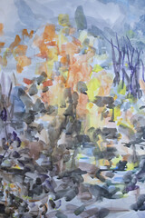 bstract golden foliage. Wet dirty rainy ground. Twilight gray overcast autumn landscape. Watercolor contemporary painting. Brush strokes fluid texture with spots and smudges.