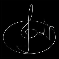 Musical treble clef with abstract lines and notes, ribbon on a black background. line drawing