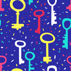 Seamless pattern with multicolored keys on a blue background. Pattern with keys for baby fabric. Flat vector illustration.