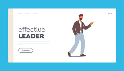 Effective leader Landing Page Template. Male Character Wear Jeans and Blazer Walk with Pointing Finger, Positive Man