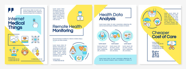Naklejka premium Internet of medical things yellow and blue brochure template. Leaflet design with linear icons. Editable 4 vector layouts for presentation, annual reports. Questrial, Lato-Regular fonts used
