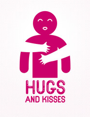 Hugs and kisses with loving hands of beloved person and kissing lips, lover woman hugging his man and shares love, vector icon logo or illustration in simplistic symbolic style.