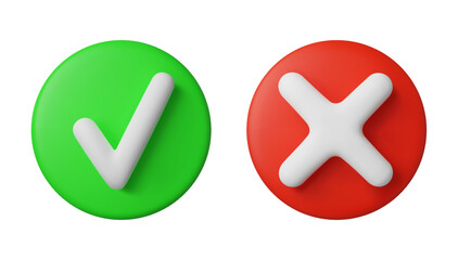 Green check mark and red cross 3d. Vector realistic selection buttons