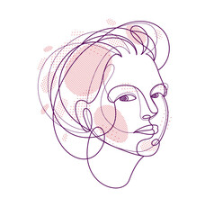Woman beauty face vector linear illustration, delicate line art of attractive girl portrait, abstract feminine drawing minimal style isolated.
