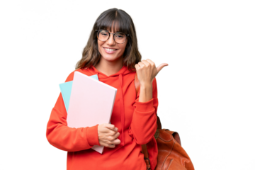 Young student caucasian woman over isolated background pointing to the side to present a product