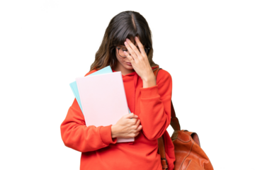 Young student caucasian woman over isolated background with tired and sick expression