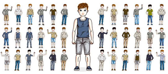 Little early teen boys children happy and cute standing in full body length isolated over white vector illustrations big set, beautiful little kids diversity big collection of character drawings.