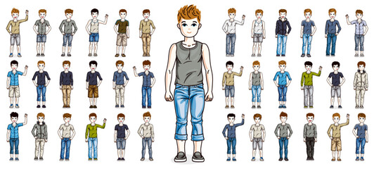 Little early teen boys children happy and cute standing in full body length isolated over white vector illustrations big set, beautiful little kids diversity big collection of character drawings.